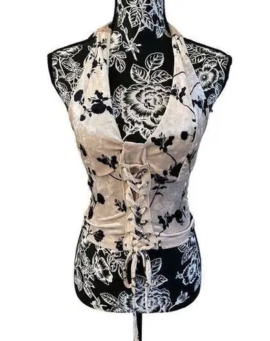 SheIn  Velvet Floral Lace Up Halter Top Crop Top Corset Style