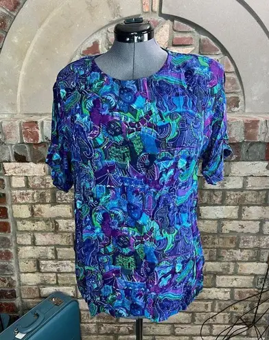skirt set short sleeve Blouse swing skirt floral green blue purple Size L
