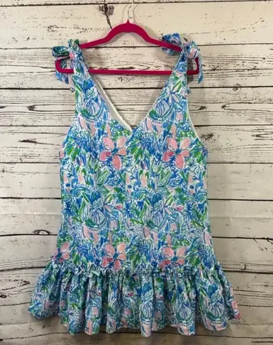 Women's Kinder Smocks Blue Pink Floral Ruffle Tank Top L Size L