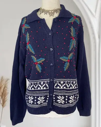 Dressbarn Classic Americana Navy Blue Red Christmas Chunky Cardigan Sweater L Size L