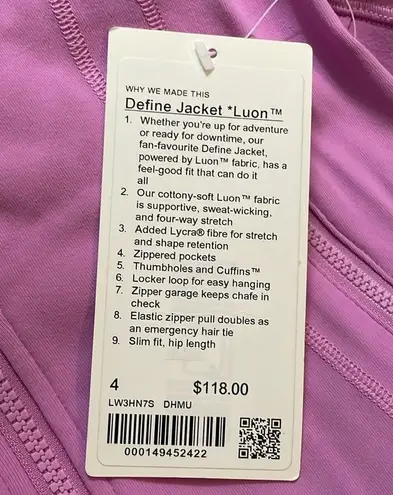 Lululemon NWT  Define Jacket Luon Dahlia Mauve Color Size 4