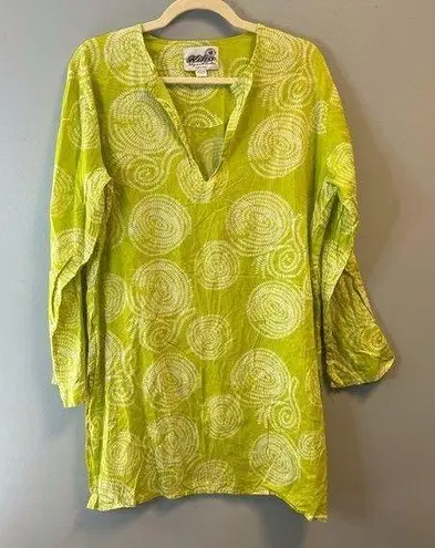 Hiho Top 100% Cotton Beach Cover Up/ Tunic in Green & White Pattern Sz L EUC Size L