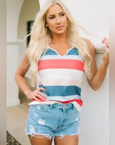 Striped Jewel Tone Notched Neckline Lightweight Knit Tank Top Size Small