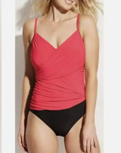 Aqua Green Coral Pink Wrap Style One Piece Bathing Suit Slimming Size XL VNeck