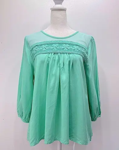 YA Los Angeles Mint Green Lightweight Cotton Blend Blouse with Lace & Mesh by