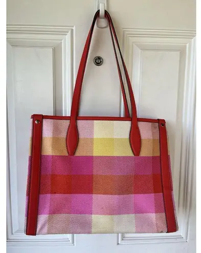 Kate Spade Market Madras Woven Fabric Tote Plaid Orange Pink Vacation Beach