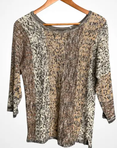 Nic+Zoe Brown and Cream Knit Round Neck 3/4 Sleeve Lightweight Sweater Medium