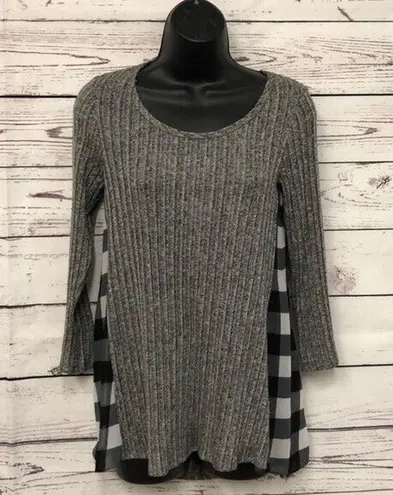Moa Moa light Gray sweater Black White Buffalo plaid chiffon sides Tunic Size XL