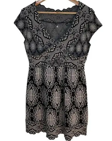 Knitted & Knotted Patterned Dress M Womens Scallop V Neck Cap Sleeve Mini Wool Black Size M