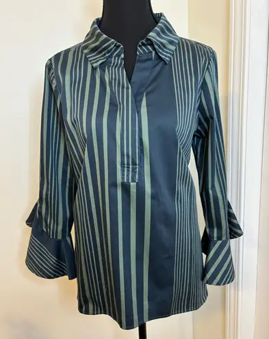 Badgley Mischka Green and Navy Striped Blouse with backside flower print Size M