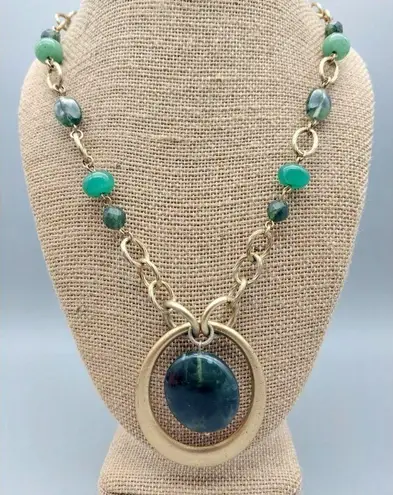 Lia Sophia Gold Tone & Green Chunky Chain Pendant Necklace Statement Boho 18"