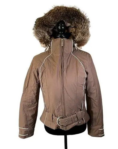 Nils Brown Belted Jacket with Faux Fur Hood Women's Size 6