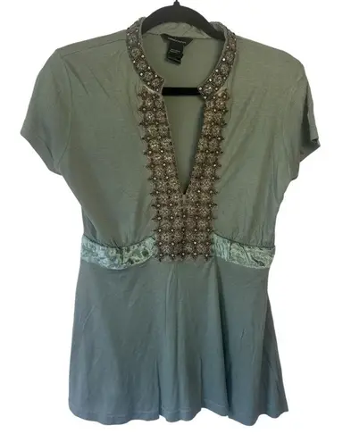 Moda International Olive Green V Neck Y2K Top Beaded Detail Fairycore Coquette
