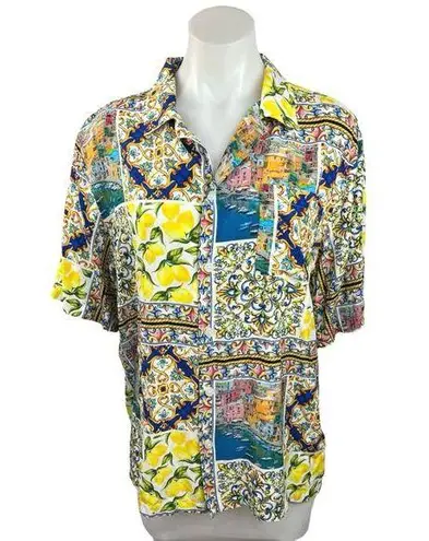 Terez Multicolor Amalfi Floral Print Patchwork Button Up Short Sleeve Shirt Top