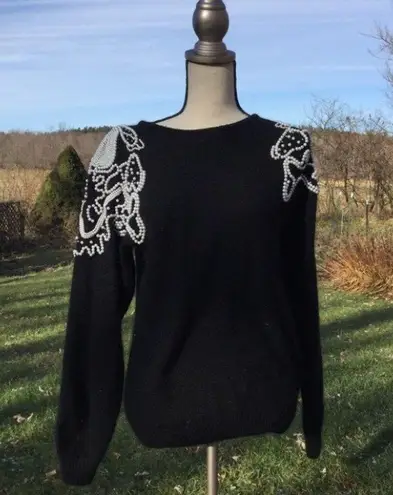 NWT Work in Progress Black Medium White Pearl Sweater Vintage Audrey Hepburn