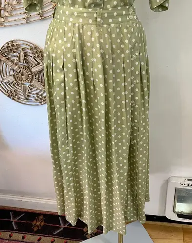 Vintage CHAU 80s Sage Green Polka Dot Rayon Button Top Midi Skirt Set Size 12