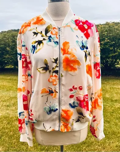 INC International Concepts White with Velvet Flowers Bomber Jacket Size L