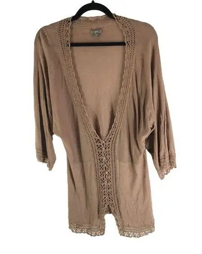 J.Jill  Beige Boho Cardigan Thin Knit Crochet Trim Tussah Silk Cotton Blend M
