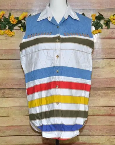 Vintage 90's Small Kikomo Denim Striped Shirt Sleeveless Button Leather Trim Top White