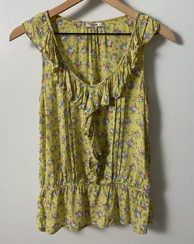 Papaya Sleeveless Yellow Floral Ruffle Neck Pleated Accent Top