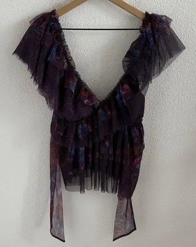 NWT By Anthropologie Tulle Lace Mix Ruffled Top XS Purple