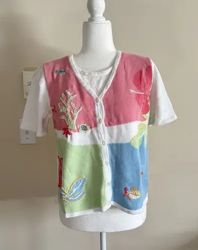 Vintage Y2K Koret Cardigan Embroidered Hibiscus Beach Womens Small 90s *flaw Pink Size undefined