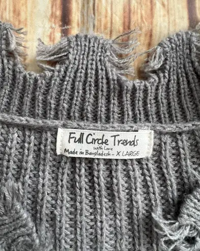 Full Circle Trends Women V Neck Ripped Fringed Hem Gray Pullover Sweater Size XL