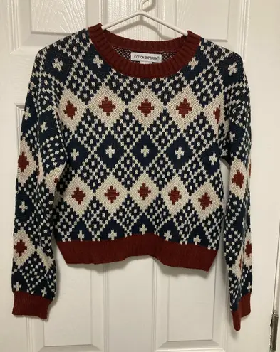 Cotton Emporium New Rust & Navy Cropped Geometric Pattern Knit Sweater - Image 1