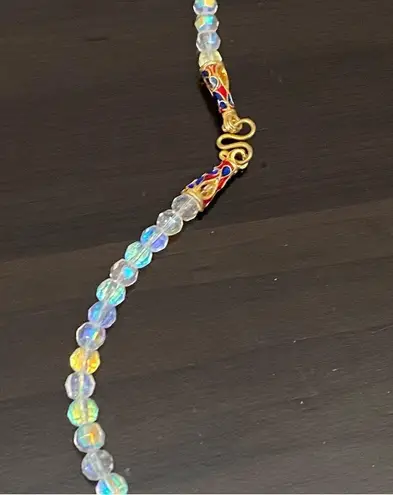 Vintage Clear Aurora Borealis AB Crystal Czech Fire Beads Enamel Clasp Necklace