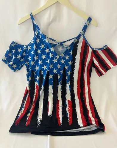 Boutique red white and blue large women’s cold shoulder patriotic top