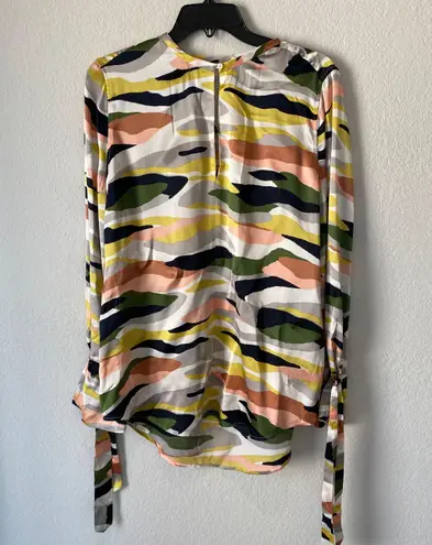 Equipment Camo Print Tie Sleeve 100% Silk Blouse Size L