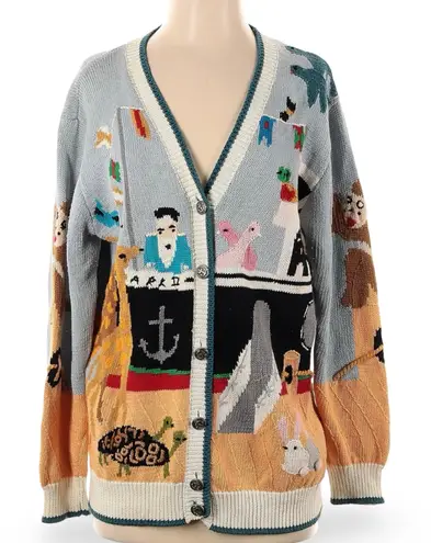 Vintage Noahs Ark Cardigan Sweater Linen Cotton Colorful Animal Print 90s Small Blue