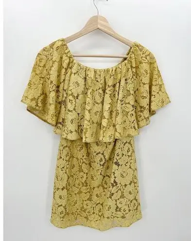 Poema Yellow Lace Floral Off Should Tunic Top Mini Dress Layered Women Small/Med