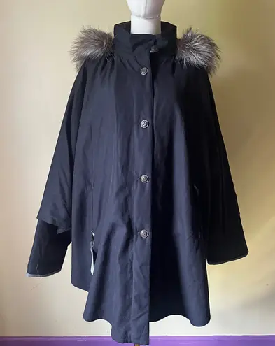 The Fur Vault Black Cape Jacket Silver Fox Trim Hood Made in Greece Size 44