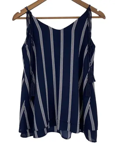 Freeway Apparel FREEWAY Tassel Tie Strap V Neck Tank Top Nautical Blue White Size Small Coastal
