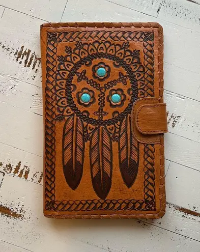 Tooled embellished turquoise stone leather wallet with dream catcher feather Brown