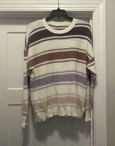 Purple Multi Striped Sweater Waffle Knit Top Size Small Crew Neck Drop Shoulder