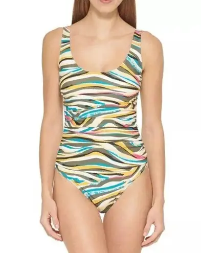 DKNY  Animal Print Multi Mesh Side-Stripe Ruched One-Piece Swimsuit Size 10 NWT