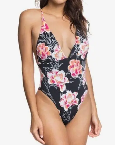 Roxy  women's large one piece swim suit black pink floral bathing suit beach