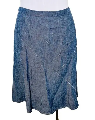 CAbi  100% Linen Skirt 8 A-Line Blue Chambray Patchwork High Waist Knee Length