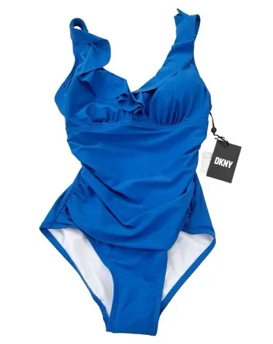 DKNY  Tummy Control Ruffle Plunge Underwire One Piece Swimsuit Blue Size 6 NWT