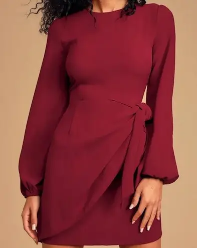 Lulus Believe It or Knot Wine Red Long Sleeve Tie Wrap Dress Feminine Large NWT