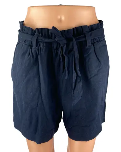 JDY Navy Blue Linen Tie Belt Elastic Waist High Rise Casual Paperbag Shorts 42 - Image 1