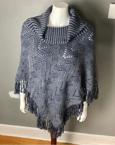 BCBG MaxAzria poncho sweater turtle funnel neck fringe denim blue grey one size