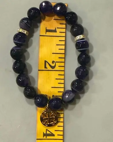 Rustic Cuff PURPLE ONYX BEADS w/ Gold accents & logo Stretch Stacking Bracelet