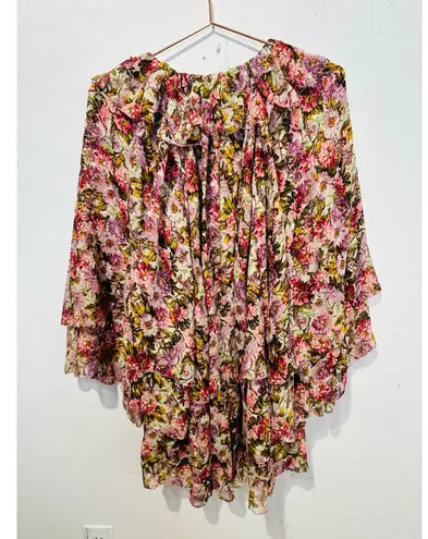NWT DǑEN Women's Pink Floral Idette Tiered Ruffle Silk