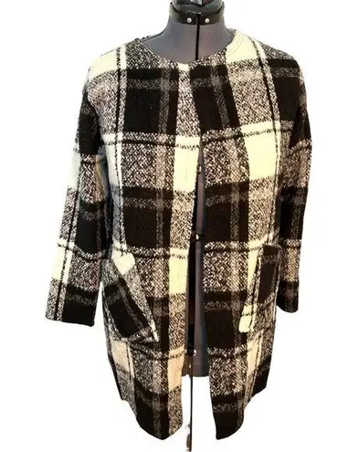 Ann Story Open Sweater Coat White Black Plaid Size L