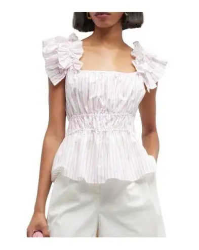 Harshman Alize Striped Ruffle Trim Peplum Linen Blouse Top Medium Pink White