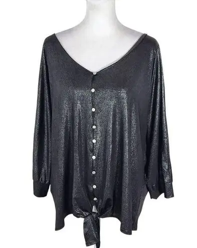 Ny Collection Black Metallic Blouse NWT Size 2X Slinky Black and Silver Top