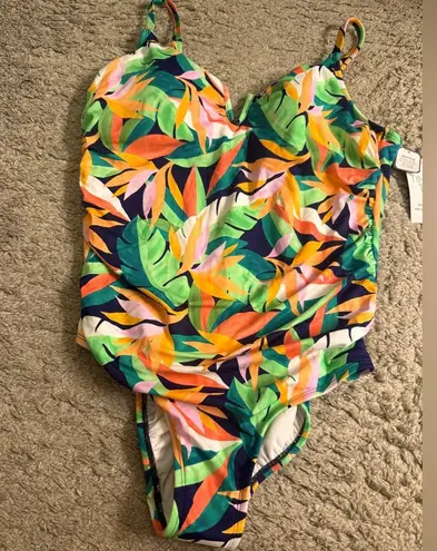 Time and Tru V Wire Detail One Piece Shirred Waist Tropical Swimsuit